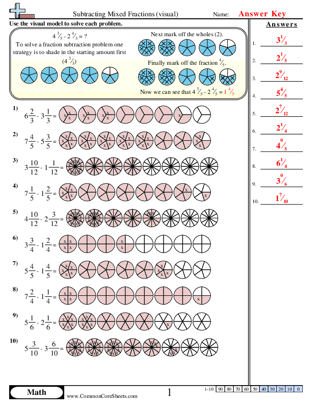  - Subtracting Mixed Fractions (Visual) worksheet